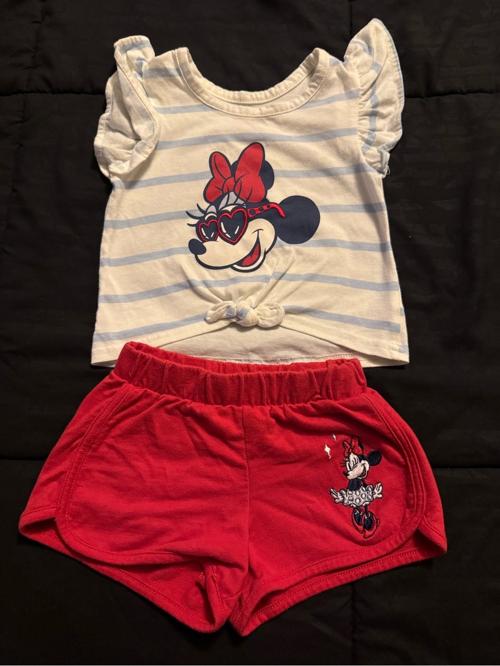 Disney Girls White & Blue Stripe Minnie Top with Red Shorts Matching Set